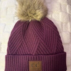 C.C. Boutique Purple Knit Beanie with Faux Fur Pom